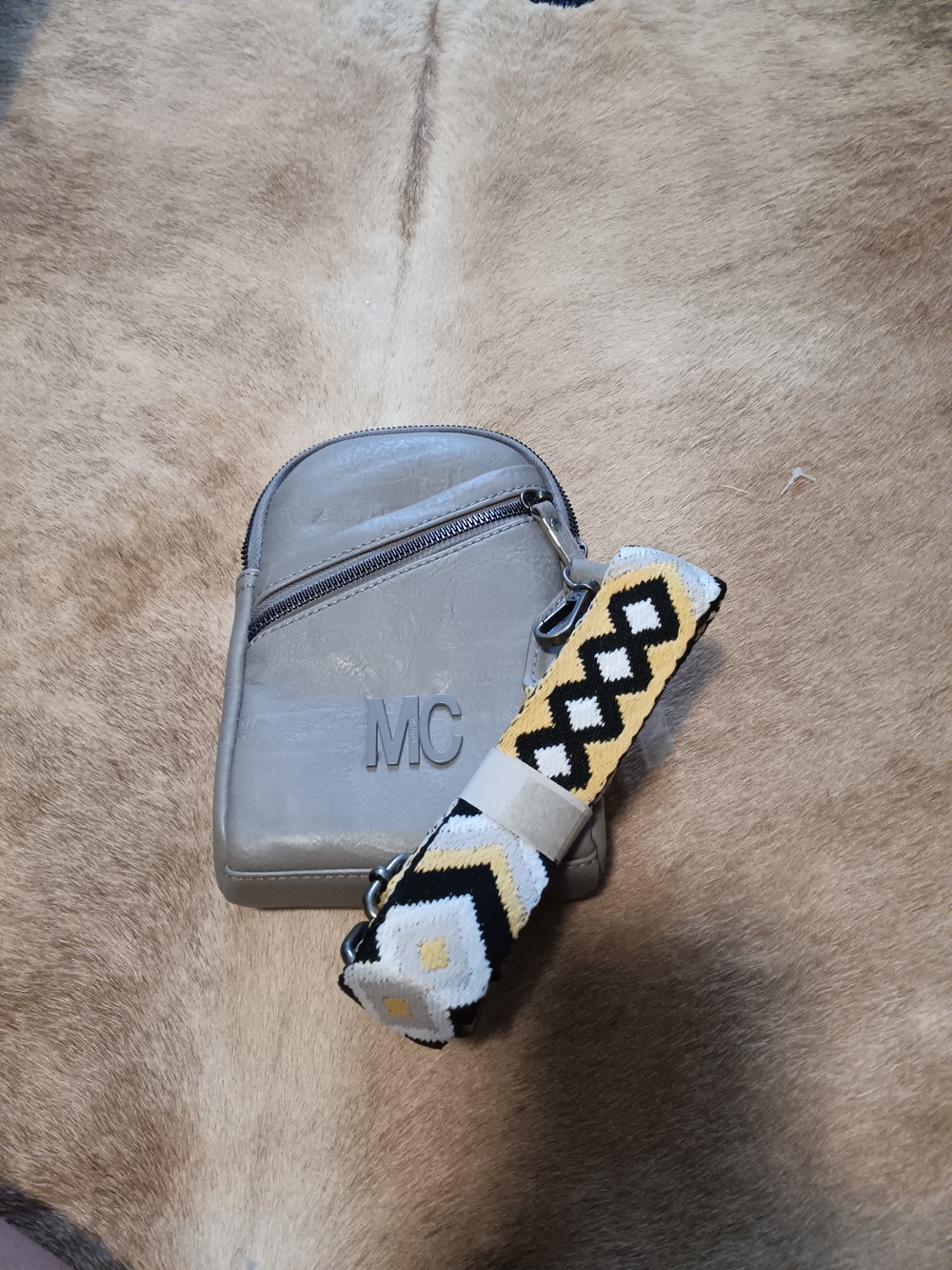Gray Crossbody Bag with Patterned Strap